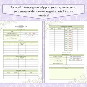 May include: Two-page planner with a floral border. The left page is a "Pacing & Activity Log" with sections for morning check-in and activity tracking. The right page is an "Activity & Rest Timeline". Text includes "Included is two pages to help plan your day according to your energy."