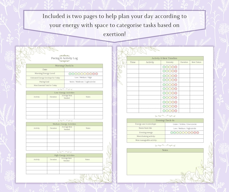May include: Two-page planner with a floral border. The left page is a "Pacing & Activity Log" with sections for morning check-in and activity tracking. The right page is an "Activity & Rest Timeline". Text includes "Included is two pages to help plan your day according to your energy."