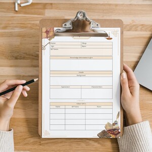 May include: A printable character sheet for role-playing games. The sheet has sections for name, age, stats, shop, race, details, background, appearance, characteristics, and other NPCs. The sheet is decorated with a vintage style illustration of books and a quill pen.