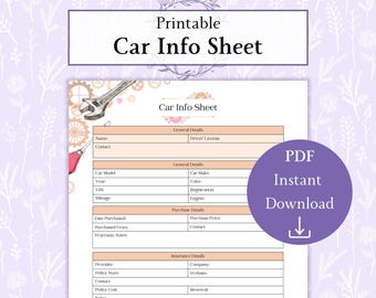 May include: Printable car info sheet with a pink and orange color scheme. The sheet includes sections for general details, purchase details, and insurance details. The sheet is decorated with a wrench and gears.