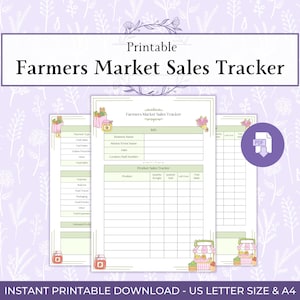 May include: A printable Farmers Market Sales Tracker document featuring sections for business info, product sales, and expenses. The layout includes light green headers, grid tables, and small illustrations of market stalls and jars.