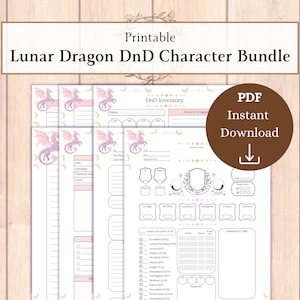 Puede incluir: Paquete de personajes imprimibles Lunar Dragon DnD. La imagen muestra varias hojas de personajes con una ilustración de dragón en rosa y morado. El texto "DnD Inventory" es visible, junto con un botón de "Descarga instantánea PDF".