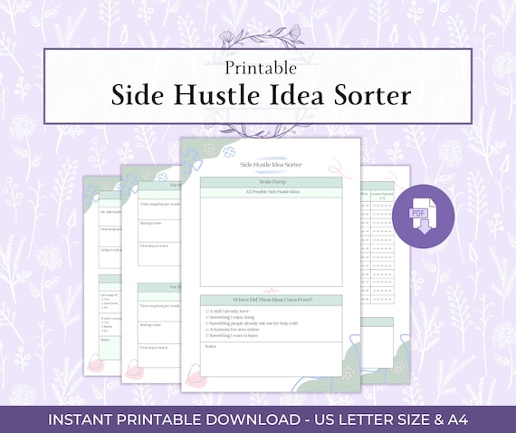 Side Hustle Idea Sorter Worksheet Printable PDF, Side Business Brainstorm Planner, Find Your Best Side Hustle Printable PDF