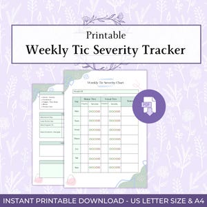 May include: Printable Weekly Tic Severity Tracker in US Letter size and A4. The design features a chart to track motor and vocal tics, with space for notes. The PDF download includes a chart with a purple PDF icon.