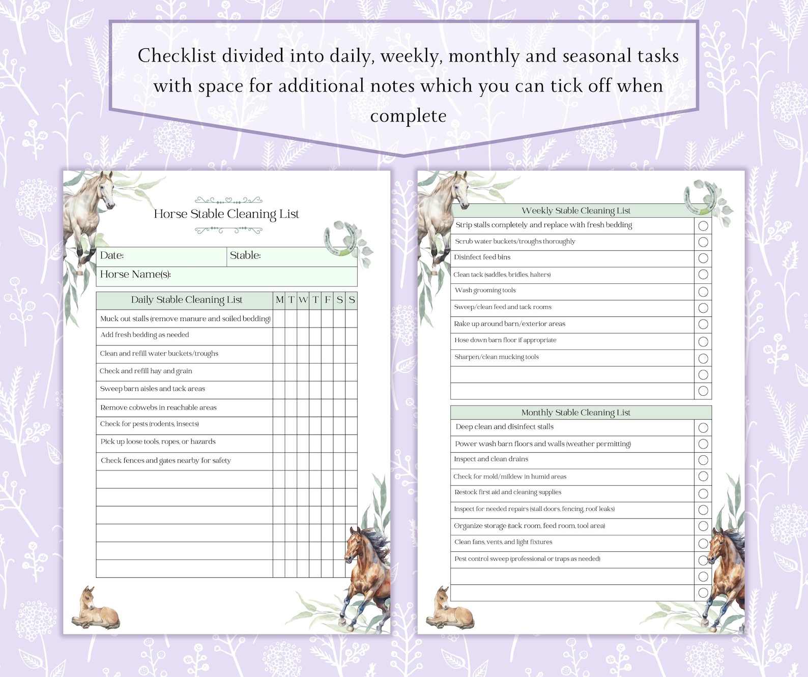 Stable Cleaning Checklist Printable PDF | Horse Cleaning List | Equine ...