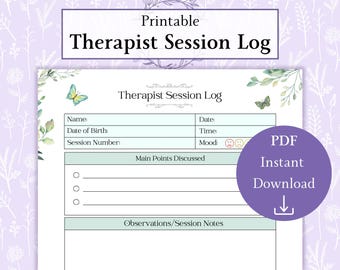 Terapeutsessionslogg Utskrivbar PDF | Anteckningar efter sessionen | Terapianteckningar | Spårning av klientmöten
