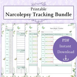 Puede incluir: Paquete de seguimiento de narcolepsia imprimible, un conjunto de tres rastreadores PDF con un diseño floral. Los rastreadores incluyen secciones para la calidad del sueño, la medicación, los episodios, la gravedad y los síntomas adicionales.