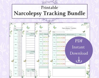May include: Printable Narcolepsy Tracking Bundle, a set of three PDF trackers with a floral design. The trackers include sections for sleep quality, medication, episodes, severity, and additional symptoms.