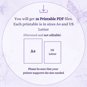K&ouml;nnte beinhalten: Digitaler Download-Grafik mit dem Text "Sie erhalten 16 druckbare PDF-Dateien. Jedes druckbare Dokument ist in den Gr&ouml;&szlig;en A4 und US Letter." Das Bild zeigt Beispiele f&uuml;r die Papierformate A4 und US Letter. Der Hintergrund ist hellviolett mit Illustrationen.