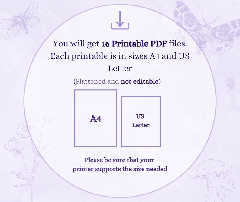 K&ouml;nnte beinhalten: Digitaler Download-Grafik mit dem Text "Sie erhalten 16 druckbare PDF-Dateien. Jedes druckbare Dokument ist in den Gr&ouml;&szlig;en A4 und US Letter." Das Bild zeigt Beispiele f&uuml;r die Papierformate A4 und US Letter. Der Hintergrund ist hellviolett mit Illustrationen.