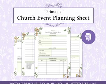 May include: A printable church event planning sheet with a floral design. The sheet includes sections for event details, purpose, goals, and a planning timeline. The text "Church Event Planning Sheet" is displayed prominently.