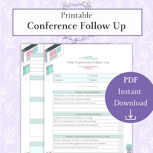 May include: Printable checklist for post-conference follow-up. The checklist includes sections for thank you and feedback, content and media sharing, and measuring success and planning for future events. The checklist is in a light blue and pink color scheme with a purple download button.