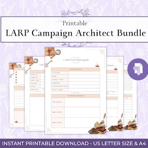 Può includere: Pacchetto stampabile di Campaign Architect LARP con kit di pianificazione eventi e pagine di esercizi. Le pagine sono beige chiaro con elementi decorativi e un'icona PDF. Il testo include "Event Overview" e "US Letter Size & A4".