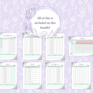 K&ouml;nnte beinhalten: Ein Bundle ausdruckbarer Planerseiten mit floralen Akzenten, darunter Symptom-, Perioden- und Schlaftracker. Der Text "All of this is included in this bundle!" wird in einem kreisf&ouml;rmigen Design angezeigt. Die Seiten haben ein hellblaues und gr&uuml;nes Farbschema.