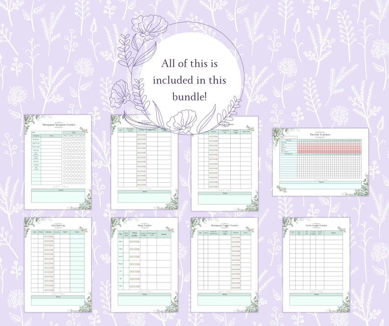 K&ouml;nnte beinhalten: Ein Bundle ausdruckbarer Planerseiten mit floralen Akzenten, darunter Symptom-, Perioden- und Schlaftracker. Der Text "All of this is included in this bundle!" wird in einem kreisf&ouml;rmigen Design angezeigt. Die Seiten haben ein hellblaues und gr&uuml;nes Farbschema.