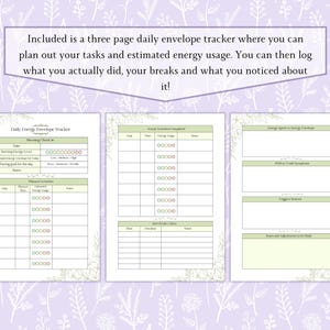 May include: A three-page daily envelope tracker with a floral border. The tracker includes sections for planning tasks, energy usage, and logging activities, breaks, and observations. Text on the image reads: "Included is a three page daily envelope tracker where you can plan out your tasks and estimated energy usage."
