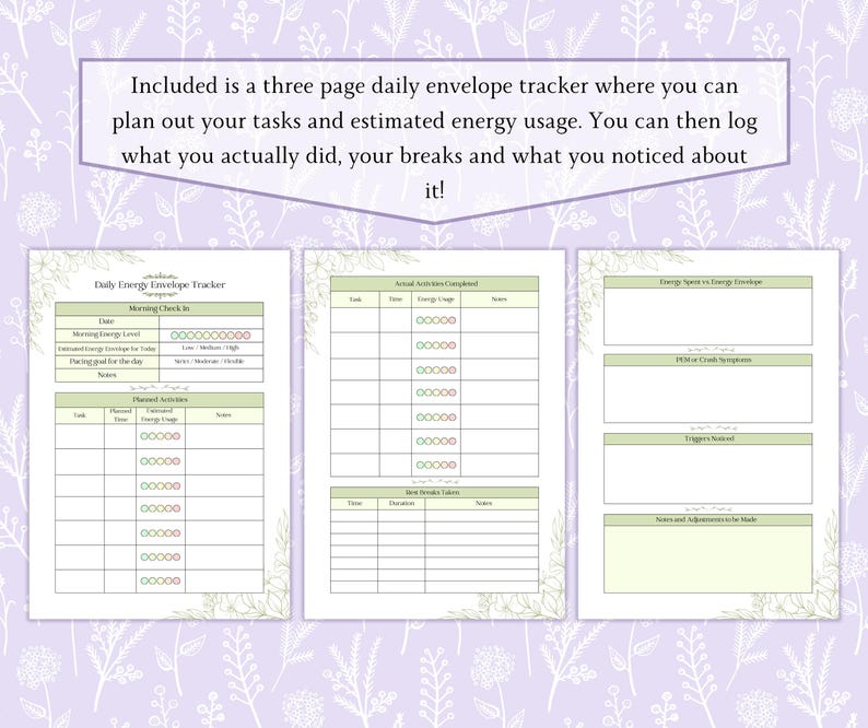 May include: A three-page daily envelope tracker with a floral border. The tracker includes sections for planning tasks, energy usage, and logging activities, breaks, and observations. Text on the image reads: "Included is a three page daily envelope tracker where you can plan out your tasks and estimated energy usage."