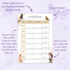 May include: Printable pet feeding schedule with a cute cat and dog design. The schedule includes spaces to note the date, day of the week, AM and PM meals, and extra treats or water intake.