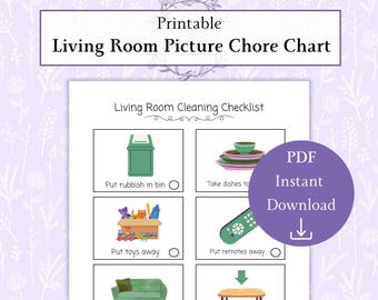 May include: Printable chore chart for a living room with pictures of a trash can, dishes, toys, a remote control, a couch, and a coffee table. The chart has check boxes next to each picture.