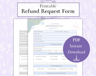 Refund Request Form Printable PDF | Printable Refund Form | Customer Refund Form | Product Return Form | Return Request Sheet