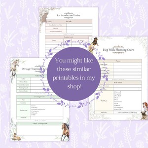 May include: Three printable planning sheets featuring a Rat Introduction Tracker, a Dog Walk Planning Sheet, and a Dressage Training Lesson sheet. Each page includes organized tables, checkboxes, and illustrations of animals.