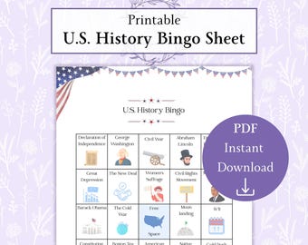 Printbaar PDF-bestand van een bingospel over de Amerikaanse geschiedenis, lesactiviteit over de Amerikaanse geschiedenis, educatief spel voor maatschappijleer, leermiddel voor thuisonderwijs