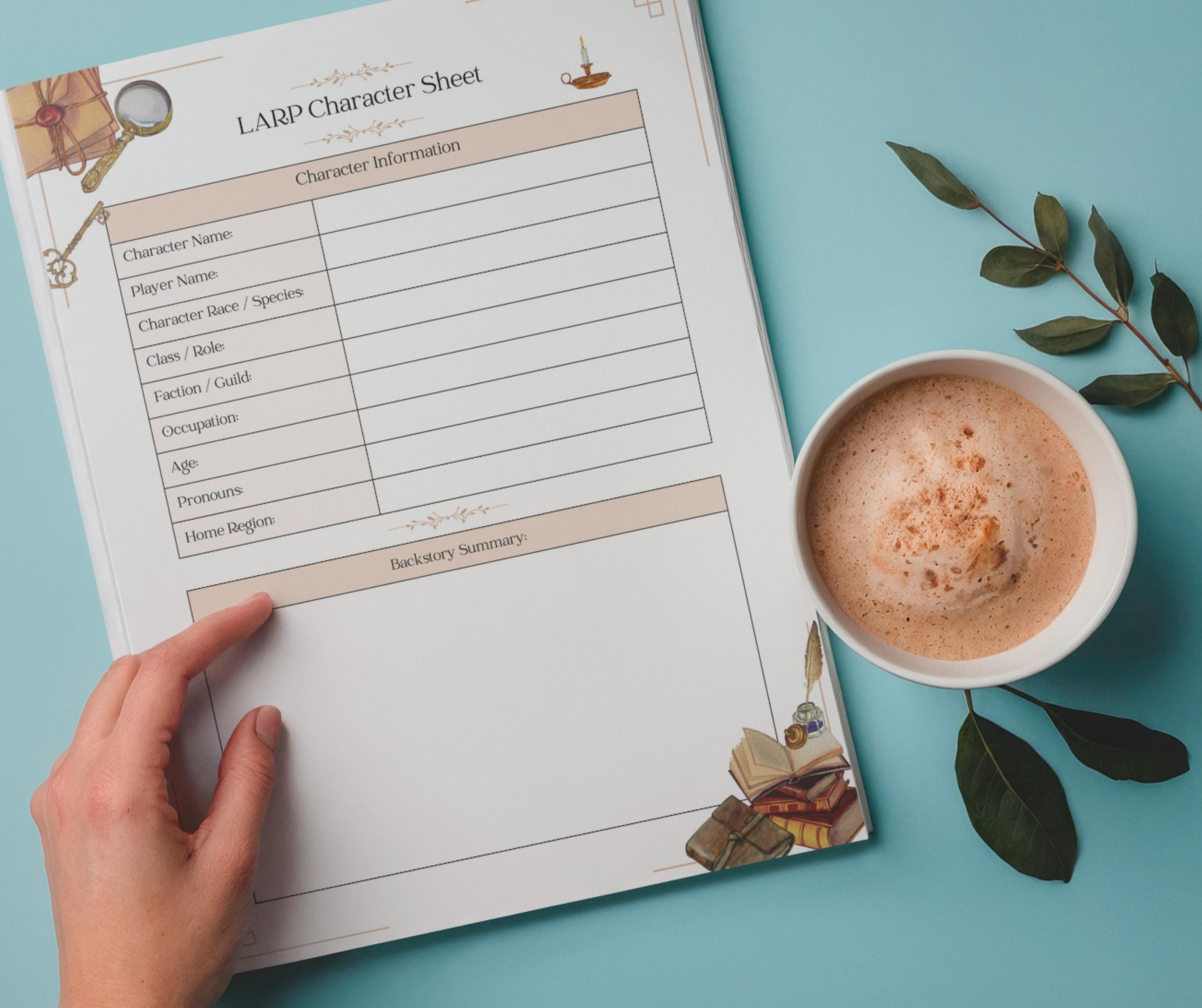 Paper Roplay Printable LARP Character Sheet Printable PDF, Fantasy Roleplay Character Tracker ...
