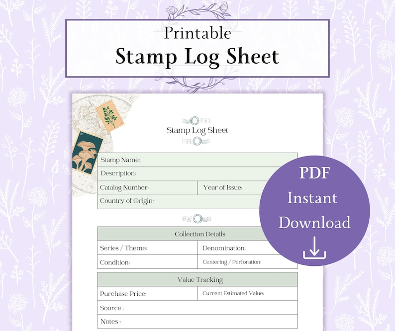 Stamp Log Sheet Printable PDF, Stamp Tracker Sheet, Stamp Collecting ...