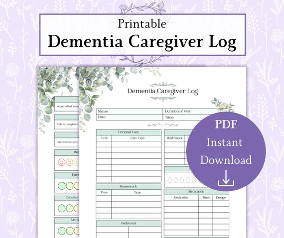 Dementia Caregiver Daily Log Printable PDF | Alzheimers Planner | Dementia Schedule | Senior Care Planner