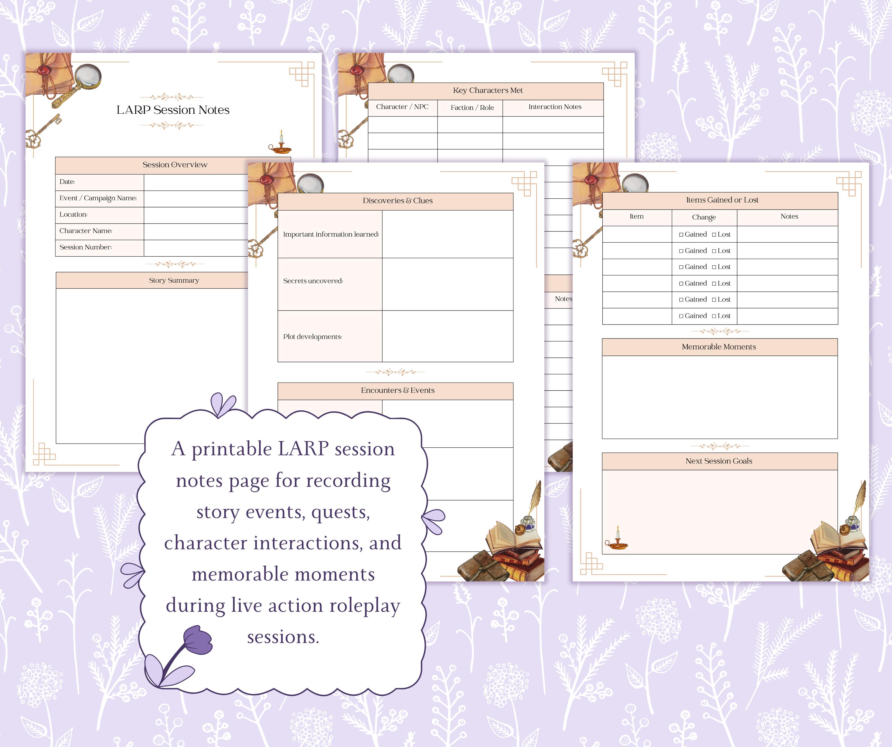 Pro Script Rp Log LARP Session Notes Printable PDF, Live Action Roleplay Adventure Log ...
