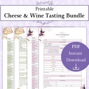 Puede incluir: Un paquete imprimible "Cheese & Wine Tasting Bundle" con un diseño floral púrpura. El paquete incluye hojas de cata de vinos y hojas de cata de quesos. Las palabras "PDF Instant Download" están en un círculo púrpura.