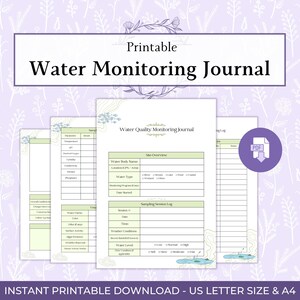 Könnte beinhalten: Ein druckbares Wasserüberwachungsprotokoll mit lila und grünem Design. Das Protokoll enthält Abschnitte für die Wasserqualitätsüberwachung, eine Standortübersicht und Protokolle der Probenahmesitzung. Der Text "Water Monitoring Journal" ist deutlich sichtbar.