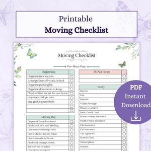 Pode incluir: Uma lista de verificação de mudança imprimível com um design floral verde e branco. A lista de verificação é dividida em três seções: Preparação pré-mudança, Dia da mudança e Não se esqueça. Cada seção tem uma lista de tarefas para completar, com caixas de seleção ao lado de cada item. A lista de verificação também inclui uma seção para notificar os serviços públicos e os fornecedores de serviços.