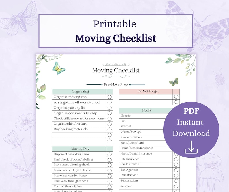 Moving Checklist Printable PDF | Moving Planner | New Home Checklist ...