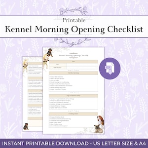 Puede incluir: Lista de verificación imprimible de apertura matutina de la perrera con un fondo floral. La lista de verificación incluye secciones para el personal, la apertura de las instalaciones, el bienestar de los perros y las tareas de alimentación. Disponible en tamaño US Letter y A4.