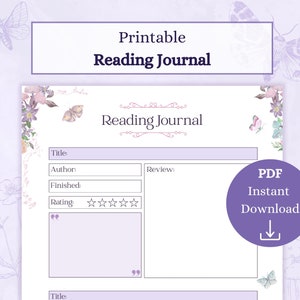 Op de afbeelding: Printbare leesdagboek met een bloemenontwerp. Het dagboek heeft secties voor titel, auteur, voltooid, beoordeling en recensie. De tekst "PDF Direct downloaden" staat in een paarse cirkel met een downloadpijl.