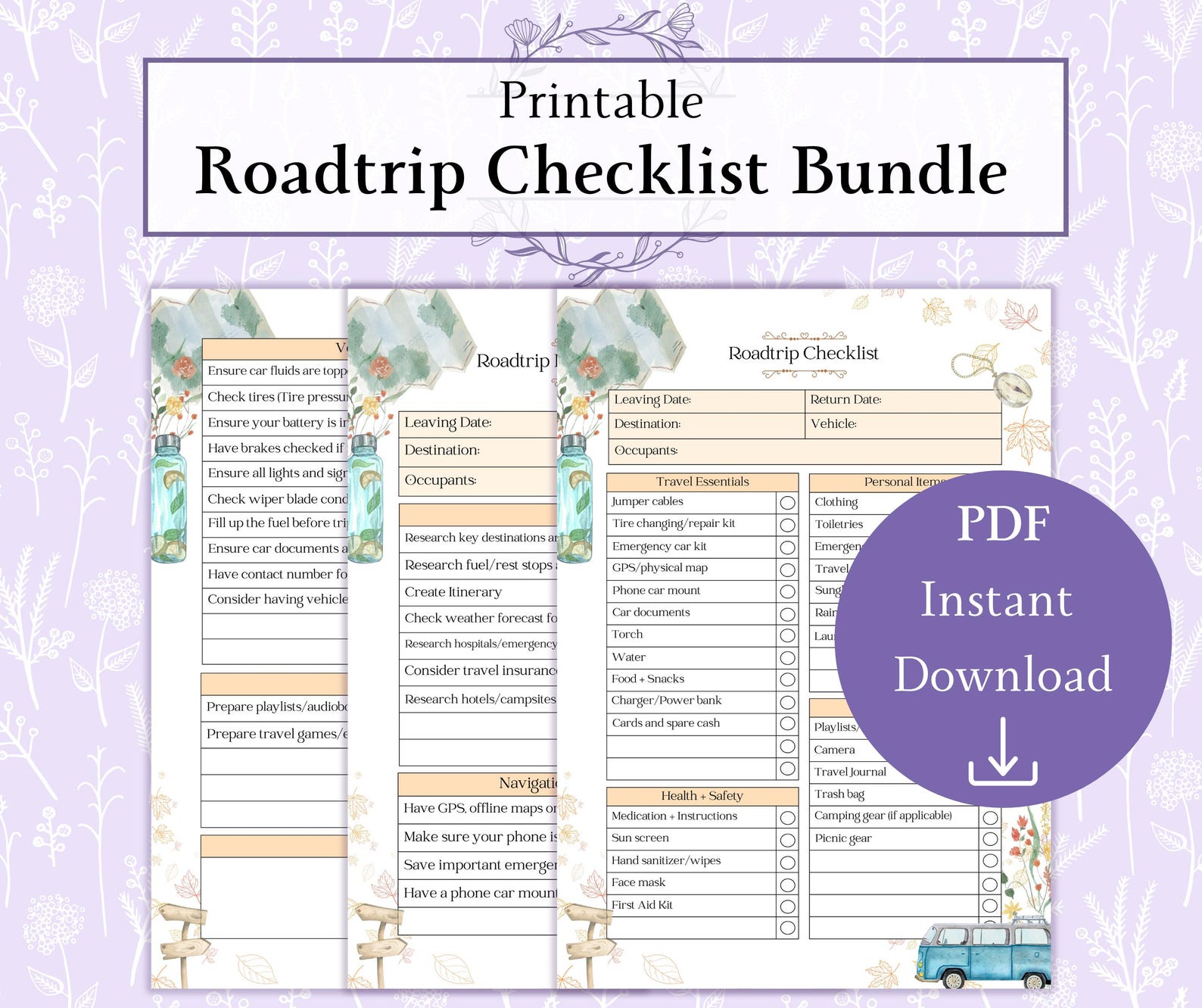 Roadtrip Checklist Bundle Printable PDF | Roadtrip Planner | Road Trip ...