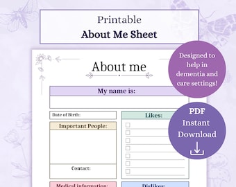 About Me Sheet Printable PDF | Dementia Care | Get To Know Me Alzheimers | Healthcare Assistant | Carer Resources