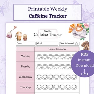 Afdrukbare pdf met cafeïnetracker | Wellnessdagboek | Cafeïne-inname | Theetracker | Cafeïnedagboek | Cafeïnetabel