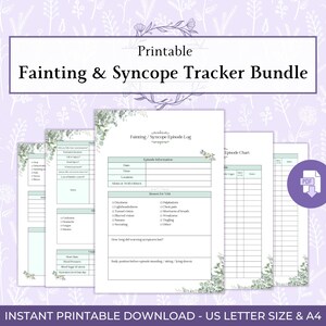 May include: Printable Fainting & Syncope Tracker Bundle. The bundle includes several printable pages with a floral design. The pages include a fainting/syncope episode log and an episode chart. The text on the image says "Instant Printable Download - US Letter Size & A4."