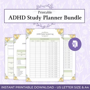 Pode incluir: Um conjunto de planejador de estudos para TDAH imprimível com detalhes florais. As folhas incluem um registro de sessão de estudo com rastreador de foco, caixas de seleção e colunas para detalhes. Inclui ícone de download em PDF.