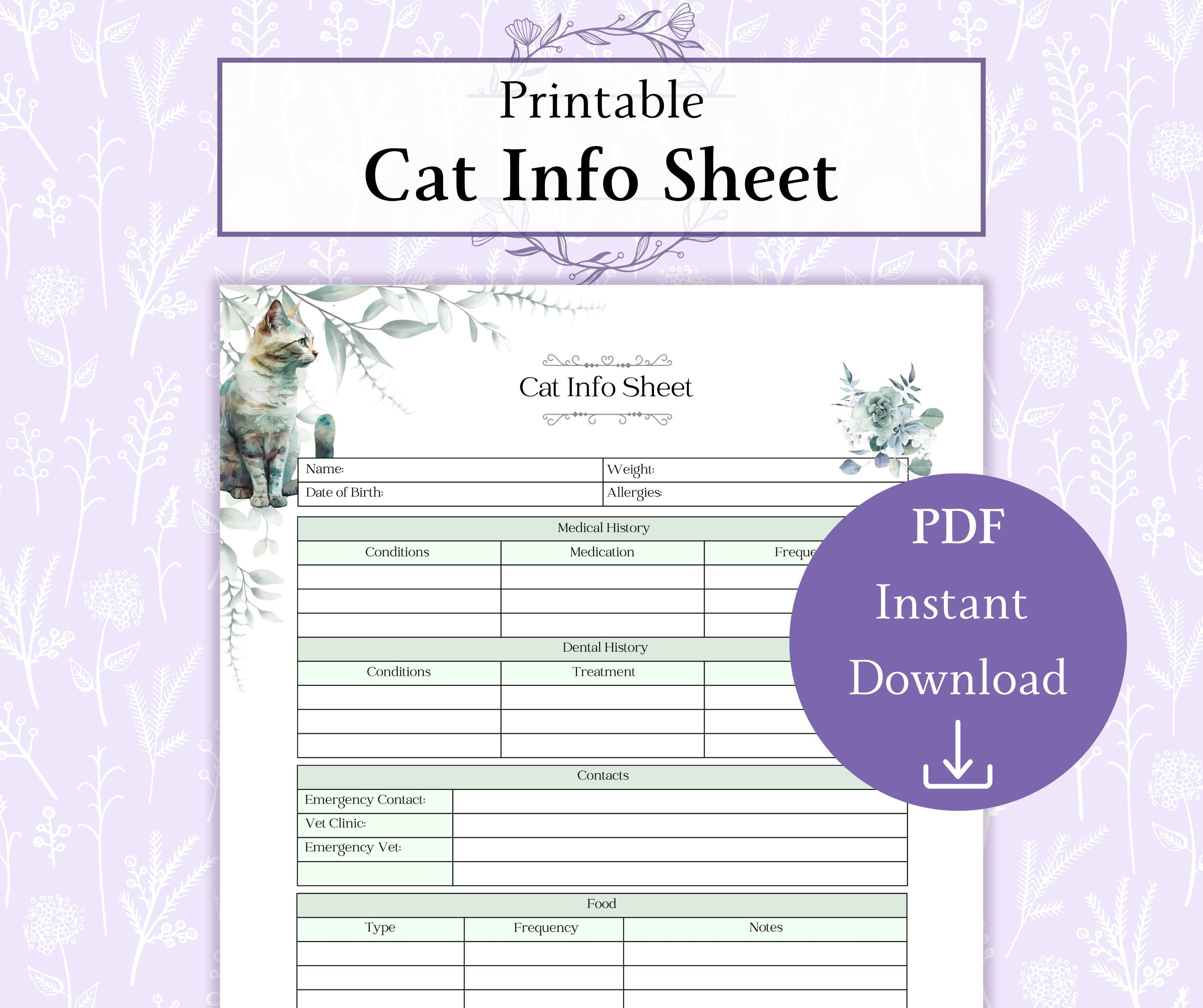 Cat Info Sheet Printable PDF | Pet Sitter Forms | Cat Health