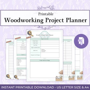 Puede incluir: Un conjunto de documentos imprimibles Woodworking Project Planner con secciones para resumen del proyecto, bocetos y listas de materiales. Las páginas incluyen iconos de cintas métricas y herramientas, indicando tamaño carta y A4.