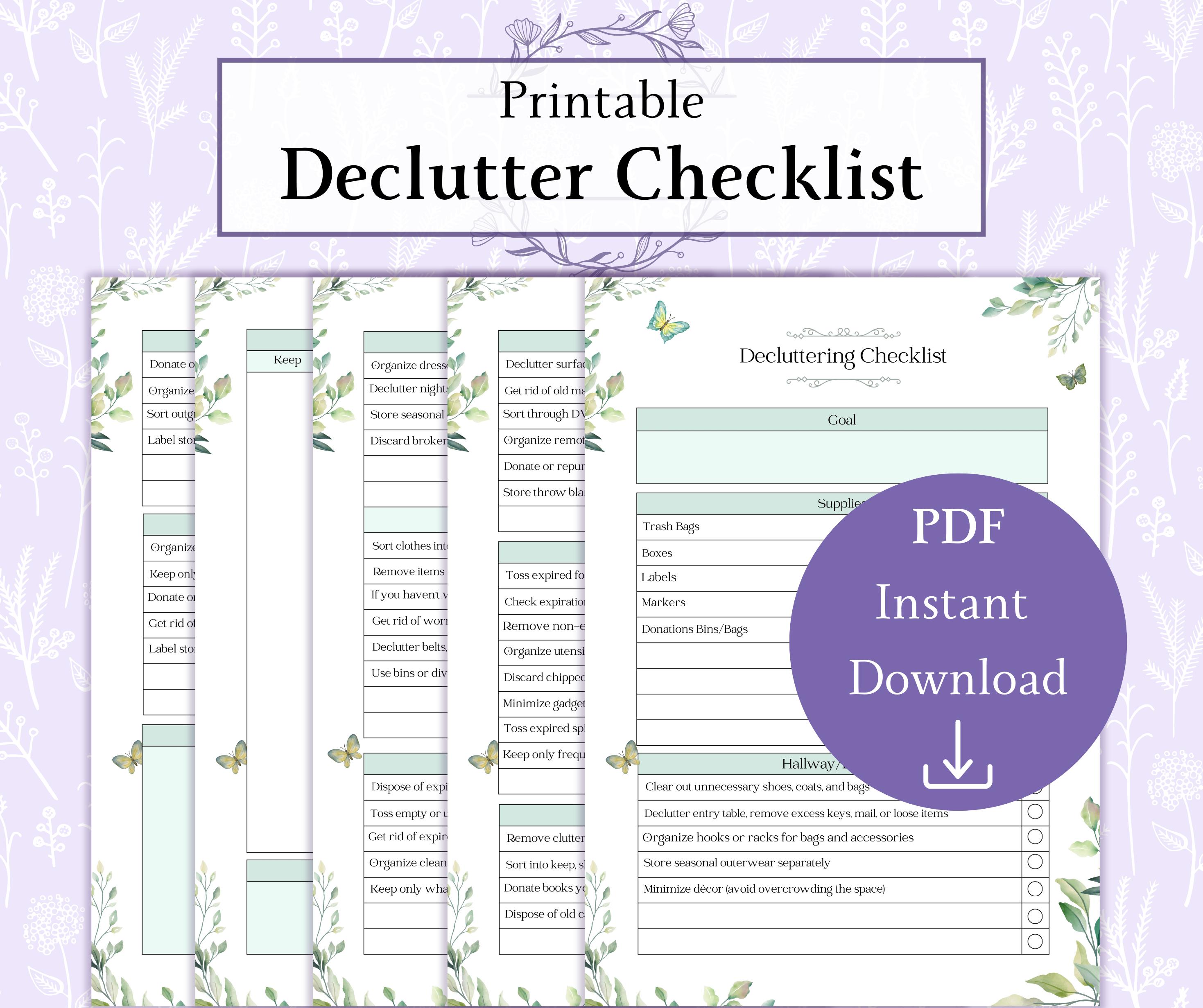 Decluttering Worksheet Checklist Printable PDF | Cleaning Checklist ...