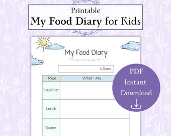 Può includere: Un diario alimentare stampabile per bambini con una tabella che include colonne per il pasto e cosa è stato mangiato, con righe per colazione, pranzo e cena. La pagina presenta un'illustrazione di sole e nuvole e il testo My Food Diary.