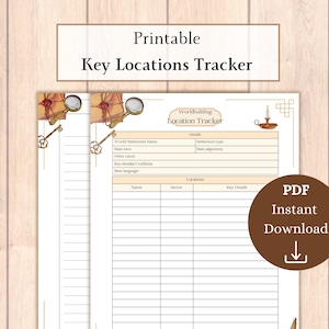 Puede incluir: Plantilla de seguimiento de ubicaciones clave imprimible para la creación de mundos. La plantilla tiene secciones para detalles del mundo, detalles del asentamiento y ubicaciones. La plantilla está diseñada para ayudarte a realizar un seguimiento de las ubicaciones de tu mundo y sus detalles.
