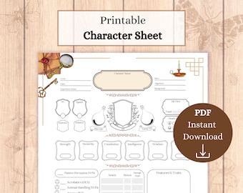 May include: Printable character sheet for role-playing games with a vintage aesthetic. The sheet features a crest, potion bottles, and a key. It includes sections for character name, stats, skills, and features.