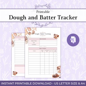 Può includere: Un documento stampabile per il monitoraggio di impasti e pastelle con un programma giornaliero e una tabella temporale. La carta bianca ha intestazioni rosa chiaro e illustrazioni ad acquerello di prodotti da forno. Testo: Dough and Batter Tracking.