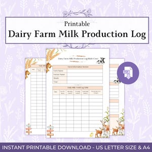 Op de afbeelding: Printbaar Dairy Farm Milk Production Log met een bloemmotief. Het logboek bevat secties voor boerderijinformatie en dagelijkse melkproductie, met illustraties van geiten en tarwe. PDF-download.