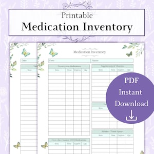 Op de afbeelding: Printbare medicijninventarislijst met een bloemenontwerp. De lijst bevat secties voor medicijnen op recept, vrij verkrijgbare medicijnen, supplementen en vitamines, en inhalatoren/neussprays. Elke sectie heeft kolommen voor item, dosering, vervaldatum en hoeveelheid.